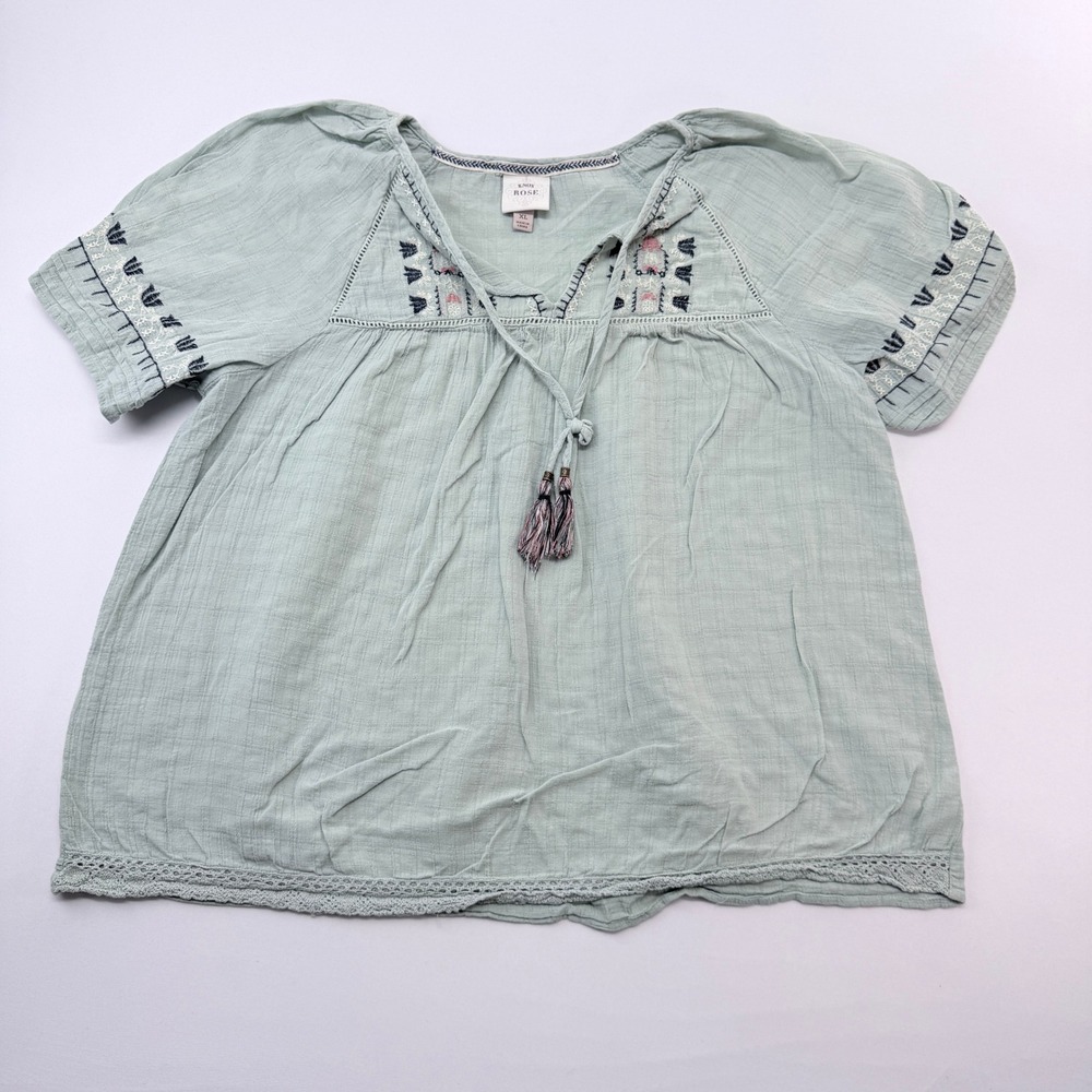 Knox Rose Sage Green Embroidered Gauze Peasant Blouse XL Short Sleeve Tassels